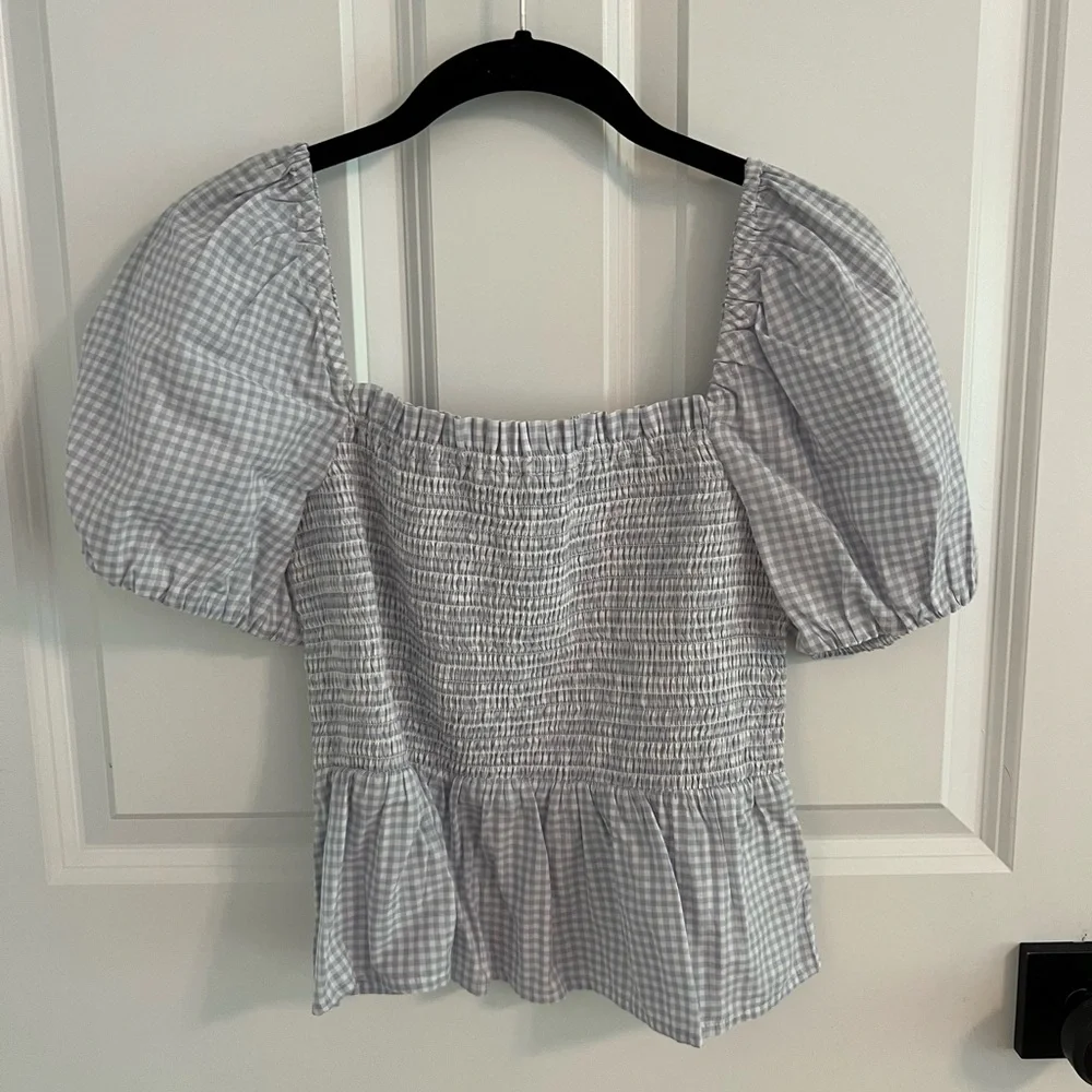 J. Crew Squareneck Smocked Top blue gingham - Picture 2 of 4